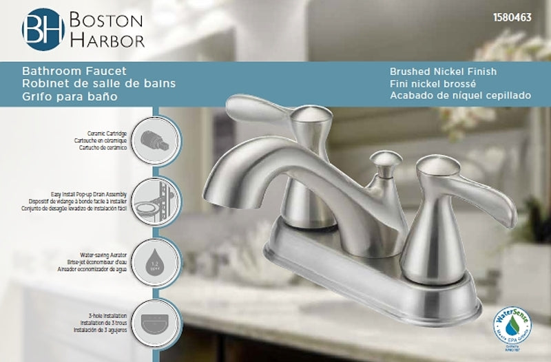 Boston Harbor F51B0010NP Lavatory Faucet, 1.2 gpm, 2-Faucet Handle, 3-Faucet Hole, Metal/Plastic, Brushed Nickel