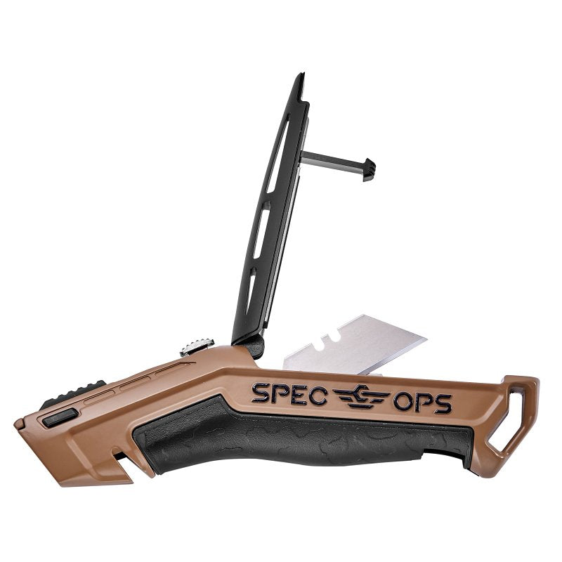 Spec Ops SPEC-K1-UR Utility Knife, 2-1/2 in L Blade, Steel Blade, Pistol Grip Handle, Black/Flat Dark Earth Handle