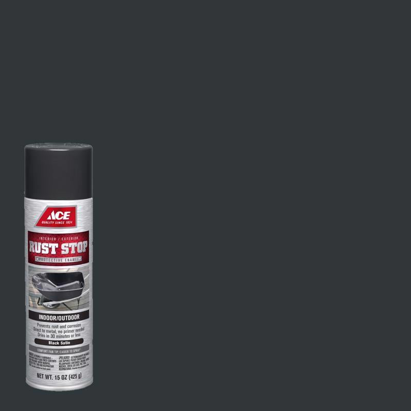 Ace Rust Stop Satin Black Protective Enamel Spray Paint 15 oz, Pack of 6