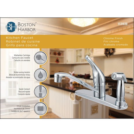 Boston Harbor FS610045CP Kitchen Faucet, 1.8 gpm, 1-Faucet Handle, 4-Faucet Hole, Metal/Plastic, Chrome, Deck Mounting