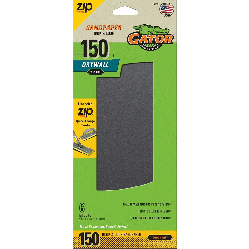 Gator Zip 7159 Sanding Sheet, 10-1/2 in L, 4-1/2 in W, 150 Grit, Fine, Silicon Carbide Abrasive
