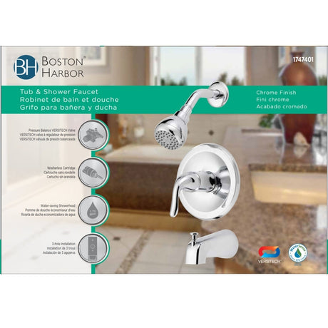Boston Harbor TQ-F1214517CP Tub/Shower, Fixed-Mount Showerhead, 1.75 gpm Showerhead, 1-Spray Setting, 1-Handle