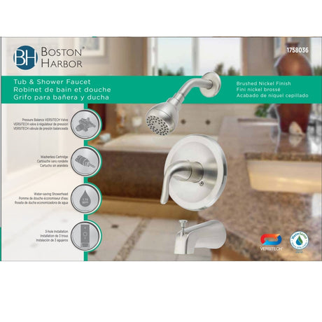 Boston Harbor TQ-F1214517NP Tub/Shower, Fixed-Mount Showerhead, 1.75 gpm Showerhead, 1-Spray Setting, 1-Handle