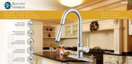 Boston Harbor FP4AF227NP Contemporary Pull-Down Kitchen Faucet, 1.8 gpm, 1-Faucet Handle, 1, 3-Faucet Hole