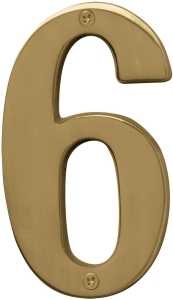 Hy-Ko BR-51PB, Prestige Series BR-51PB/6 House Number, Character: 6, 5 in H Character, Solid Brass, Pack of 3