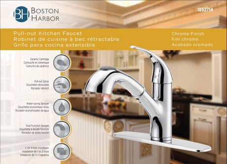 Boston Harbor FP4A4079CP Kitchen Faucet, 1.8 gpm, 1-Faucet Handle, 1, 3-Faucet Hole, Metal/Plastic, Chrome