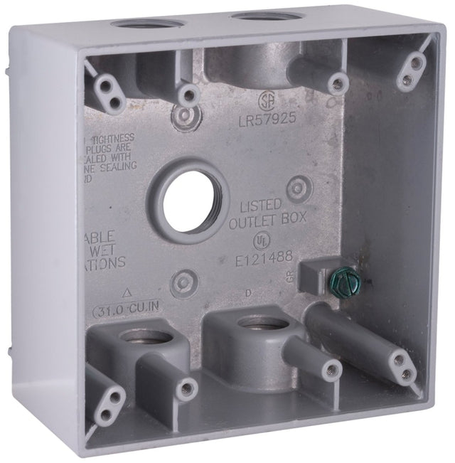 Hubbell 5337-5 Weatherproof Box, 31 cu-in, 5-Outlet, 2-Gang, Aluminum, Gray, Powder-Coated