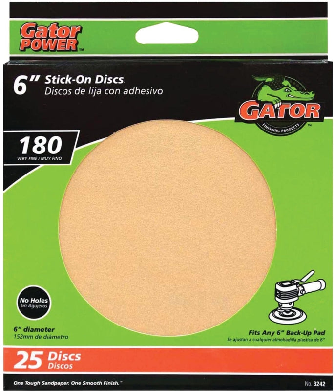 Gator GoldFlex 3242 Sanding Disc, 6 in Dia, Coated, 180 Grit, Very Fine, Aluminum Oxide Abrasive, Paper Backing