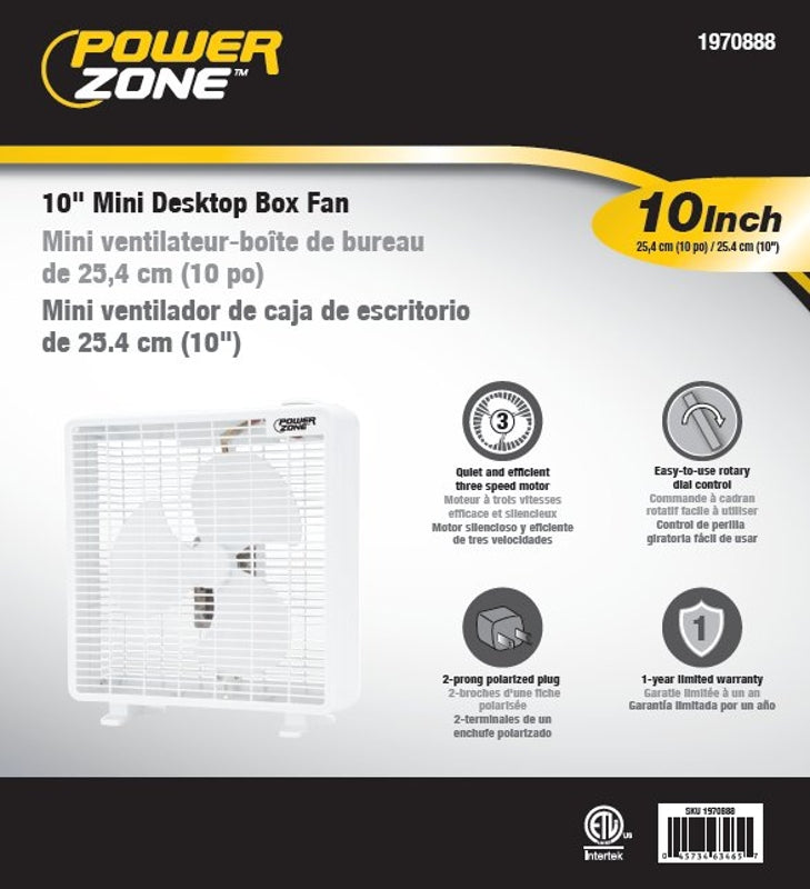 PowerZone F-1022 Box Fan, 120 VAC, 10 in Dia Blade, 3-Blade, 3-Speed, White