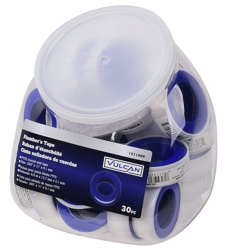 Vulcan W974 Thread Sealing Tape, 260 in L, 1/2 in W, PTFE, White, Pack of 30