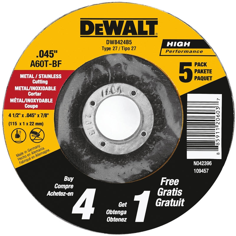 DeWalt 4-1/2 in. D X 7/8 in. Aluminum Oxide Cut-Off Wheel 5 pc