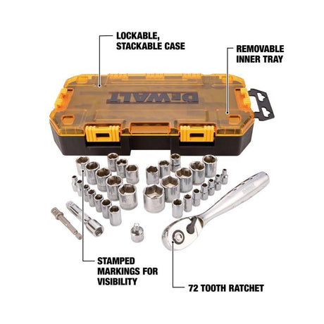 DeWalt 1/4 and 3/8 in. drive Metric/SAE 6 Point Socket Set 34 pc