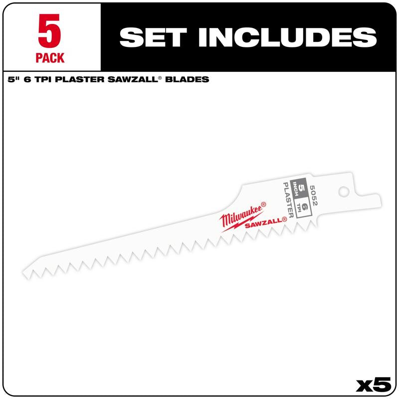 Milwaukee SAWZALL 5 in. Bi-Metal Plaster Reciprocating Saw Blade 6 TPI 5 pk