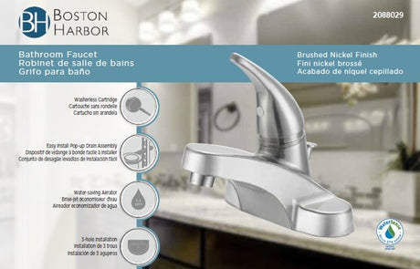 Boston Harbor TQ-F4510042NP Lavatory Faucet, 1.2 gpm, 1-Faucet Handle, 3-Faucet Hole, Metal/Plastic, Brushed Nickel