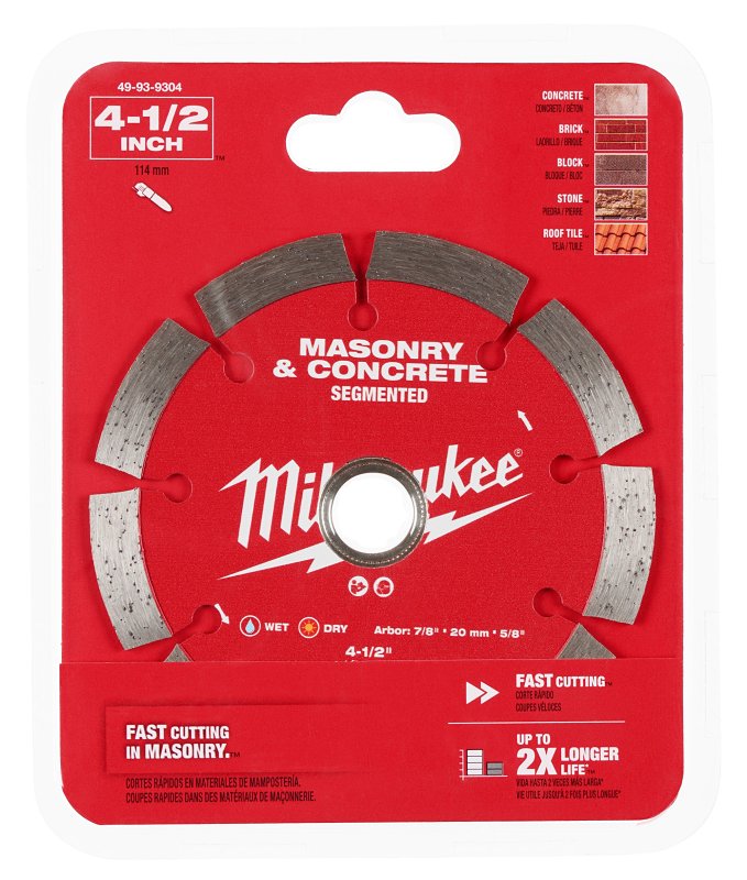 Milwaukee 49-93-9304 Saw Blade, 4-1/2 in Dia, 5/8 in, 7/8 in, 20 mm Arbor, Diamond Cutting Edge, Segmented Rim