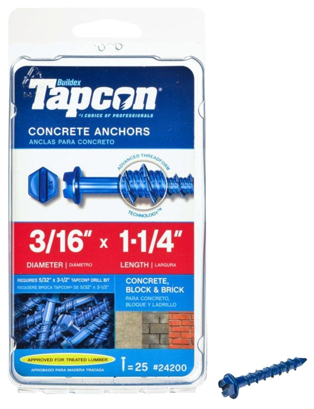 Tapcon 24200 Concrete Screw Anchor, 3/16 in Dia, 1-1/4 in L, Steel, Climaseal, 25/PK