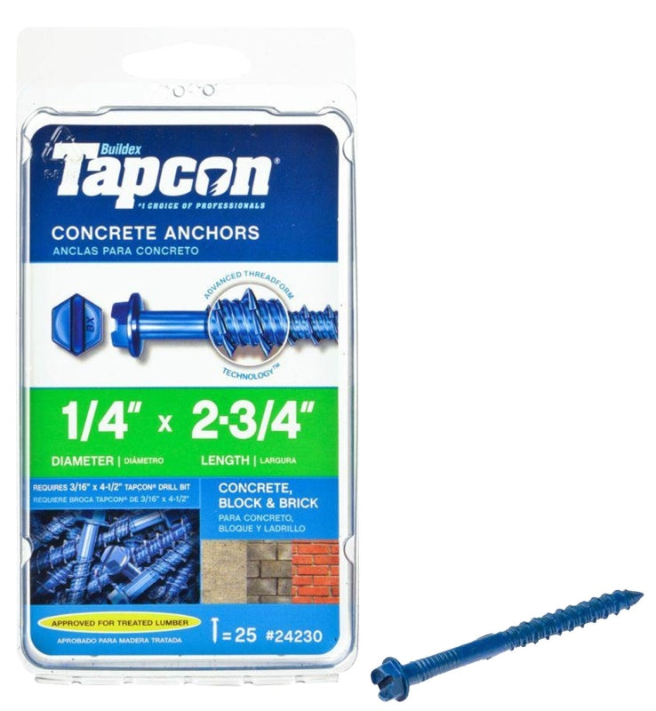 Tapcon 24230 Concrete Screw Anchor, 1/4 in Dia, 2-3/4 in L, Hex Head, Steel, Climaseal, 25/PK