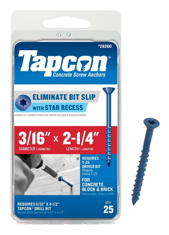 Tapcon 24260 Screw Anchor, 3/16 in Dia, 2-1/4 in L, Steel, Climaseal