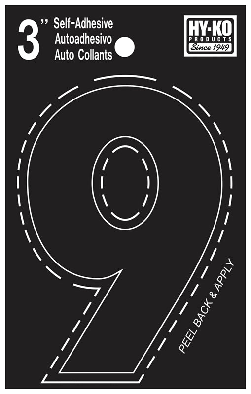 Hy-Ko 30400 Series 30409 Self-Stick Die-Cut Number, Character: 9, 3 in H Character, Black Character, Vinyl, Pack of 10