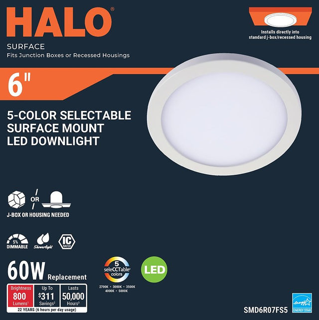 Halo SMD6R07FS5 Downlight, 7.9 W, 120 V, LED Lamp, White, Matte, Pack of 6