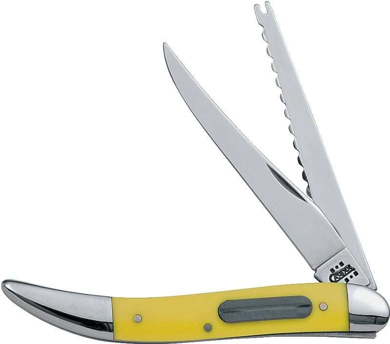 Case 120 Fishing Knife, 3.4 in L Blade, Tru-Sharp Surgical Stainless Steel Blade, 2-Blade, Yellow Handle