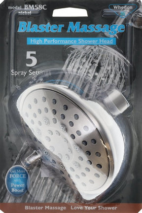 Whedon Blaster Massage BM58C Showerhead, 2.5 gpm, 1/2 in Connection, 5-Spray Function, Nickel, Brushed Nickel