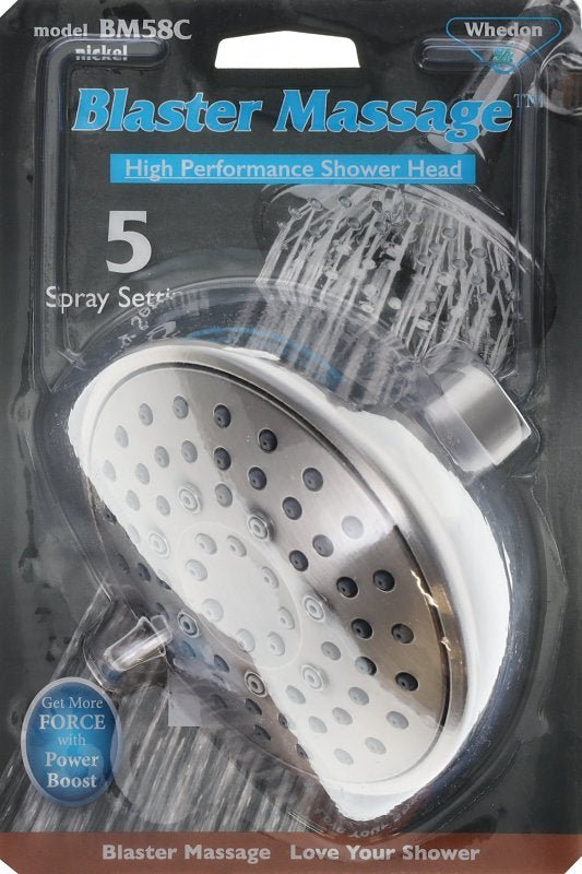 Whedon Blaster Massage BM58C Showerhead, 2.5 gpm, 1/2 in Connection, 5-Spray Function, Nickel, Brushed Nickel