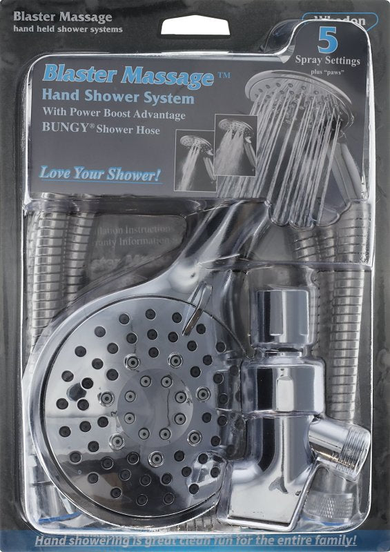 Whedon Blaster Massage BMH4C Handheld Shower Kit, 1/2 in Connection, 2.5 gpm, 5-Spray Function, Chrome, 59 in L Hose