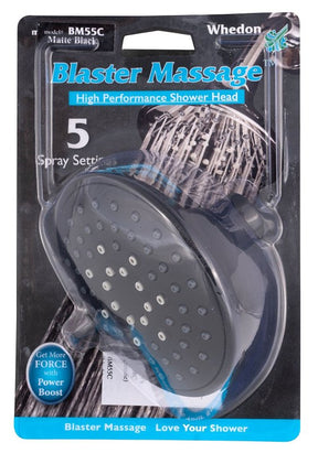 Whedon Blaster Massage BM55C Showerhead, 2.5 gpm, 1/2 in Connection, 5-Spray Function, Matte Black, 4-1/2 in Dia