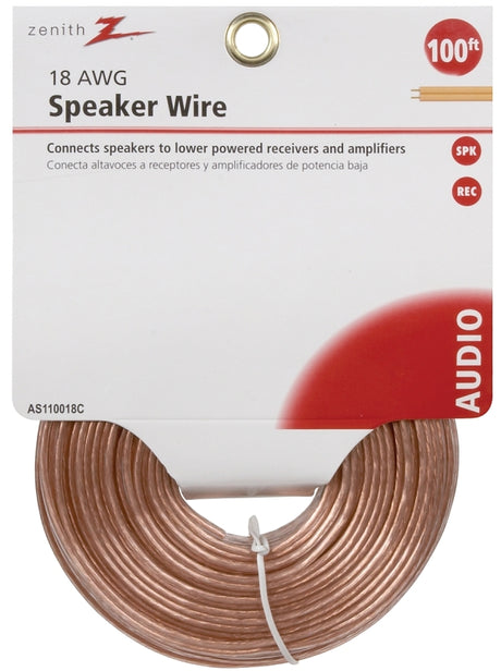Zenith AS110018C Speaker Wire, 18 AWG Wire, PVC Sheath, Clear Sheath, 100 ft L