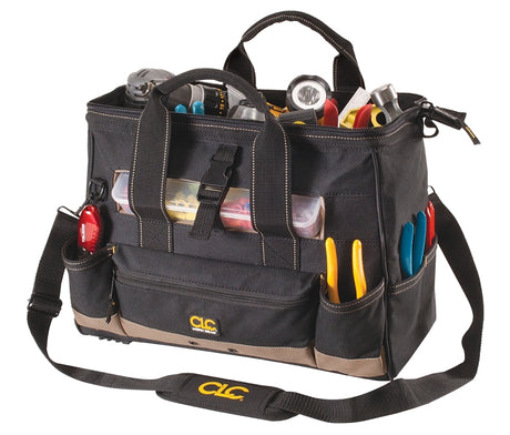 CLC TOOL WORKS 1534 Tool Bag with Top-Side Plastic Parts Tray, 8 in W, 11 in D, 16 in H, 25-Pocket, Polyester, Yellow