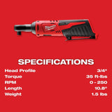 Milwaukee M12 3/8 in. Brushed Cordless Ratchet Tool Only