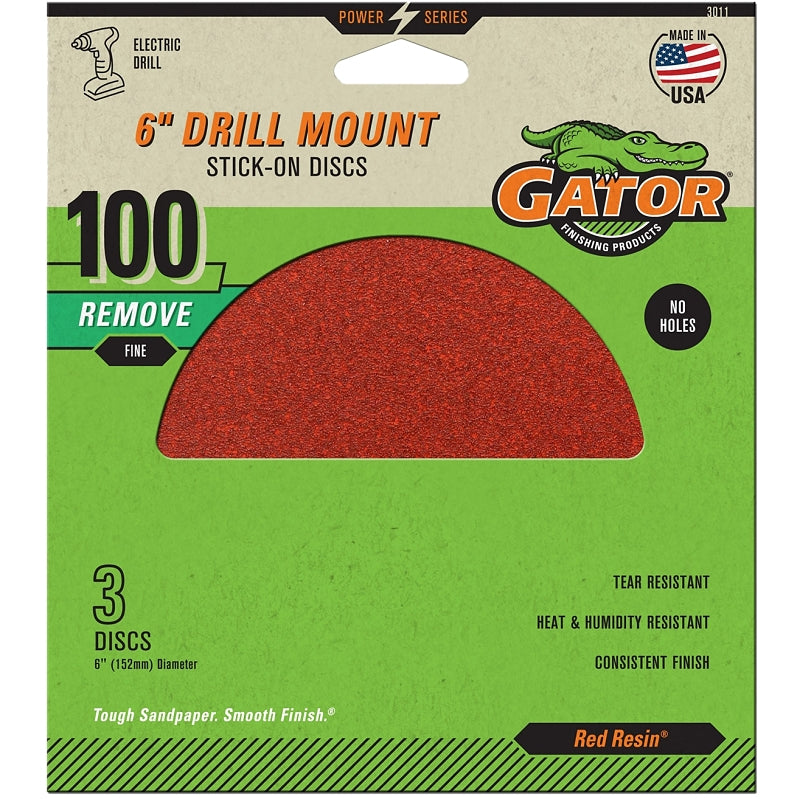Gator 3011 Sanding Disc, 6 in Dia, 100 Grit, Medium, Aluminum Oxide Abrasive, Paper Backing, 3/PK