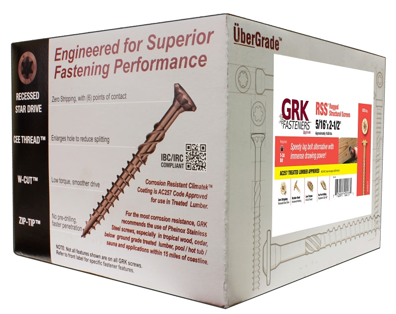 GRK Fasteners RSS 10217 Structural Screw, 5/16 in Thread, 2-1/2 in L, Washer Head, Star Drive, Steel, 600 BX