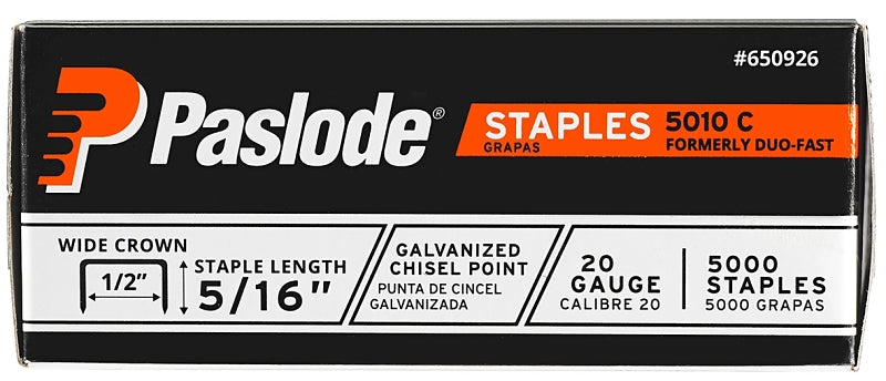 Paslode 1015277 Wide Crown Staple, 1/2 in W Crown, 5/16 in L Leg, 20 ga Gauge, Steel, Galvanized