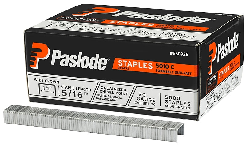 Paslode 1015277 Wide Crown Staple, 1/2 in W Crown, 5/16 in L Leg, 20 ga Gauge, Steel, Galvanized
