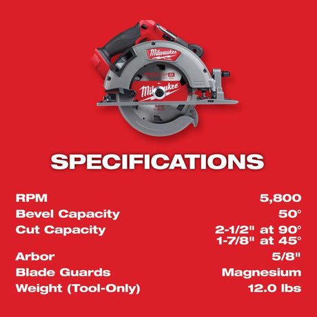 Milwaukee 2732-21HD Circular Saw Kit, Battery Included, 18 V, 12 Ah, 7-1/4 in Dia Blade, 50 deg Bevel
