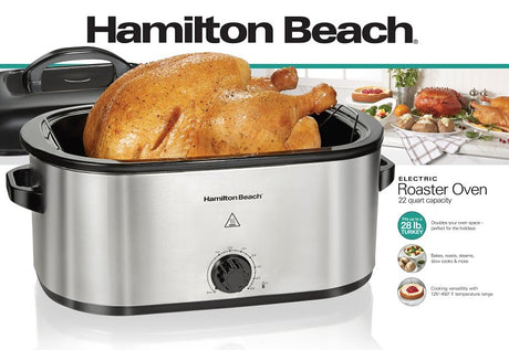 Hamilton Beach 32215G Electric Roaster Oven, 22 qt Capacity, 1450 W, Knob Control, Aluminum, Stainless Steel