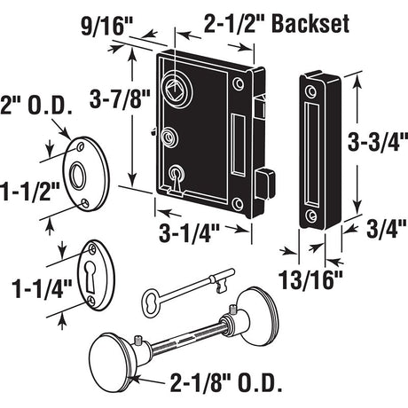 Prime-Line E 2437 Mortise Lockset, Steel, Brass, 2-1/2 in Backset
