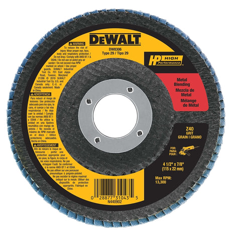 DEWALT DW8306 Flap Disc, 4-1/2 in Dia, 7/8 in Arbor, 40 Grit, Coarse, Zirconia Abrasive, Fiberglass Backing