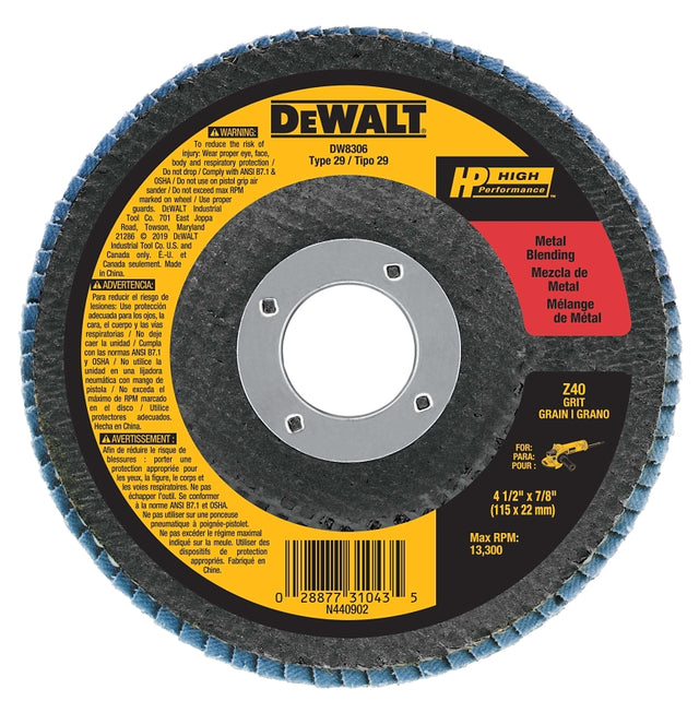 DEWALT DW8306 Flap Disc, 4-1/2 in Dia, 7/8 in Arbor, 40 Grit, Coarse, Zirconia Abrasive, Fiberglass Backing