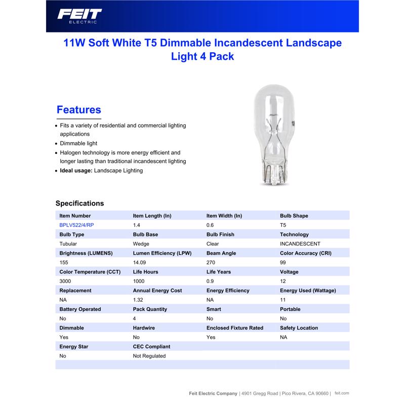 Feit 11 W T5 Landscape and Low Voltage Incandescent Bulb Wedge Soft White 4 pk