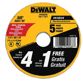 DEWALT DW8062B5 Cutting Wheel, 4-1/2 in Dia, 0.045 in Thick, 7/8 in Arbor, 60 Grit, Aluminum Oxide Abrasive