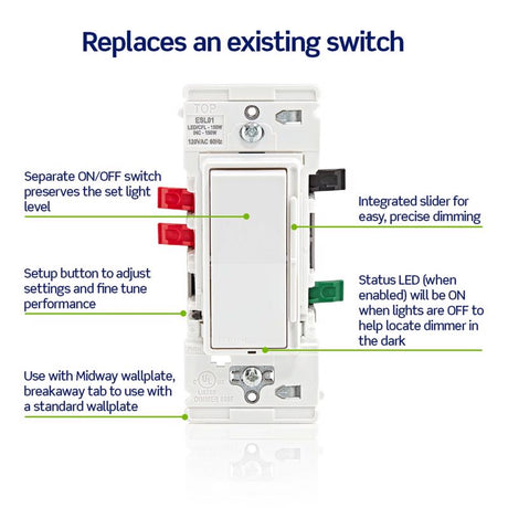 Leviton Lever Edge White Rocker Dimmer Switch 1 pk