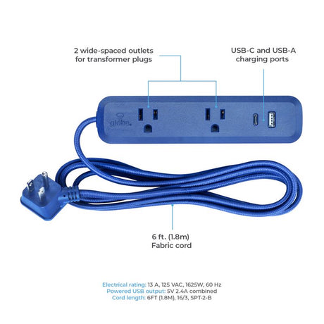 Globe Electric 6 ft. L 2 outlets Power Strip with USB Ports Blue