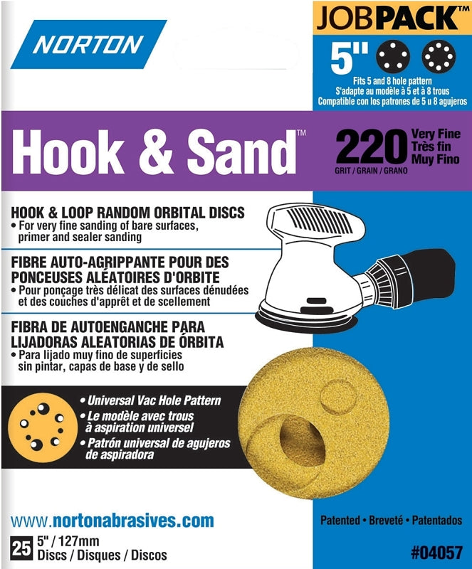 Norton 04057 Sanding Disc, 5 in Dia, Coated, Aluminum Oxide Abrasive, P220 Grit, Very Fine, C-Weight Paper Backing