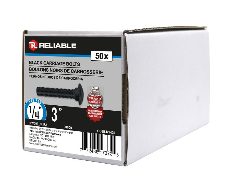 Reliable CBBLK143L Carriage Bolt, 1/4-20 Thread, Coarse, Full Thread, 3 in OAL, Steel, Rustproof, A Grade