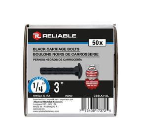 Reliable CBBLK143L Carriage Bolt, 1/4-20 Thread, Coarse, Full Thread, 3 in OAL, Steel, Rustproof, A Grade