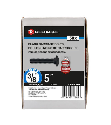 Reliable CBBLK385L Carriage Bolt, 3/8-16 Thread, Coarse, Full Thread, 5 in OAL, Steel, Rustproof, A Grade