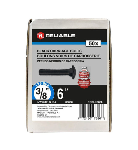 Reliable CBBLK386L Carriage Bolt, 3/8-16 Thread, Coarse, Full Thread, 6 in OAL, Steel, Rustproof, A Grade